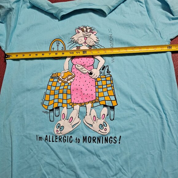 Vintage '91 Anvil "I'm Allergic To Mornings" Cat Graphic T-Shirt OS Sleep Shirt - Picture 7 of 9